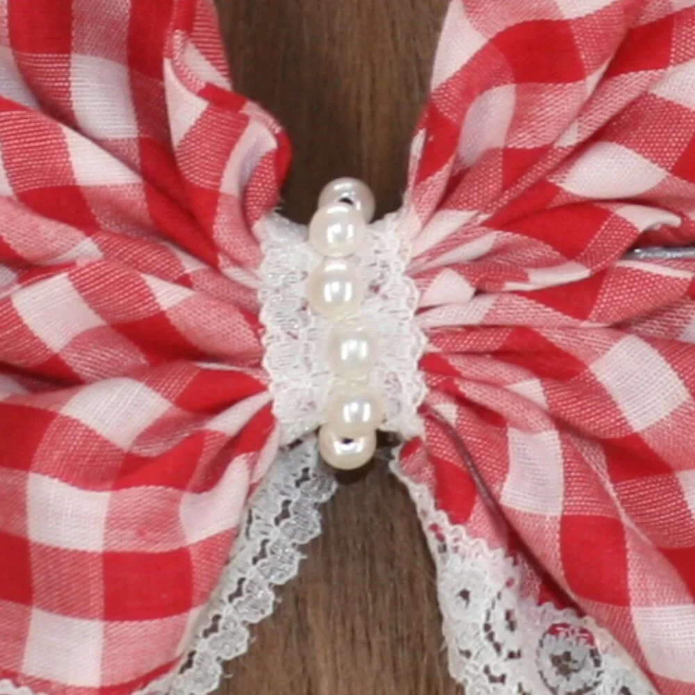 HAND CRAFTED Upcyled Red Gingham Butterfly Hair Bow Oversized Lace Tail White